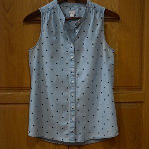 J Crew Shirt Womens Sz 2 Button Front Polka Dots Blue Chambray Sleeveless Blouse